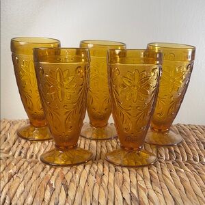 Indiana Glass Amber Sandwich Footed Tumblers – Set of 5 Vintage #170